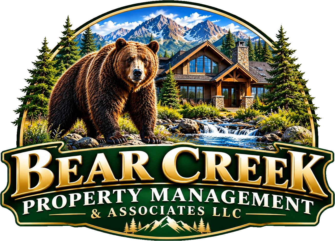 Bear Creek Property Management & Associates LLC emblem: a grizzly bear beside a mountain lodge and creek